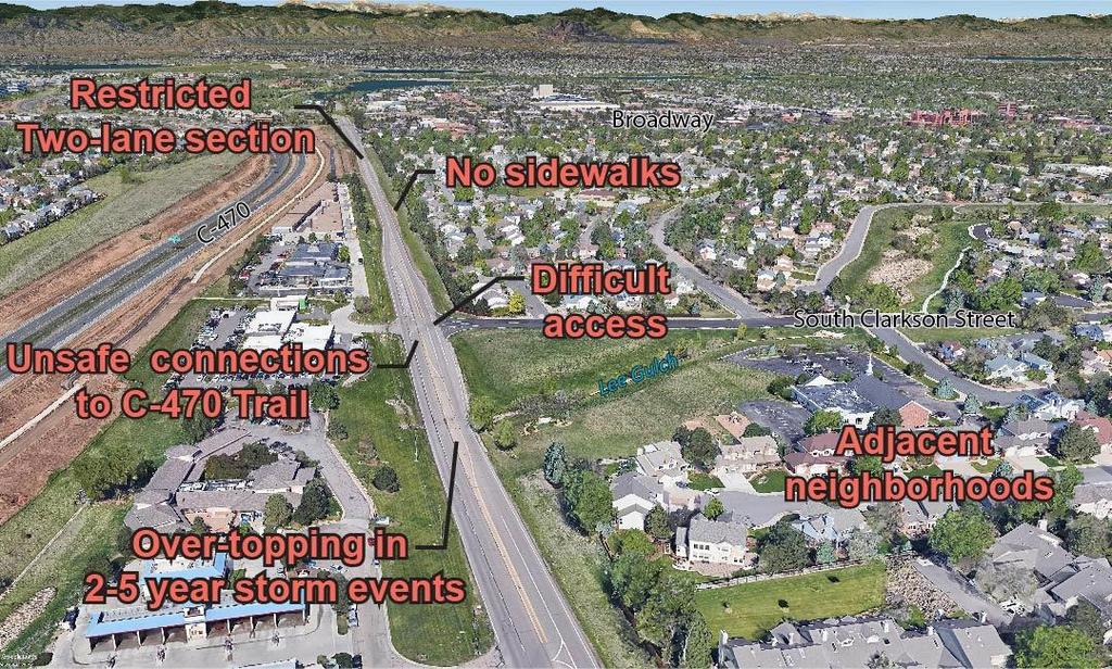 sidewalks, poor drainage, poor vertical sight distance, and lack of good connections between the adjoining neighborhoods and the adjacent C-470 Regional Multi-Use Trail (Centennial Trail).