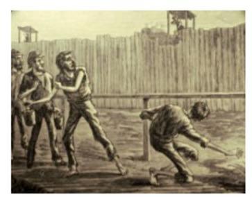prisoners of war are confined within a stockade 15 feet high, of roughly hewn pine logs, about 8 inches in diameter, inserted 5 feet into the ground.