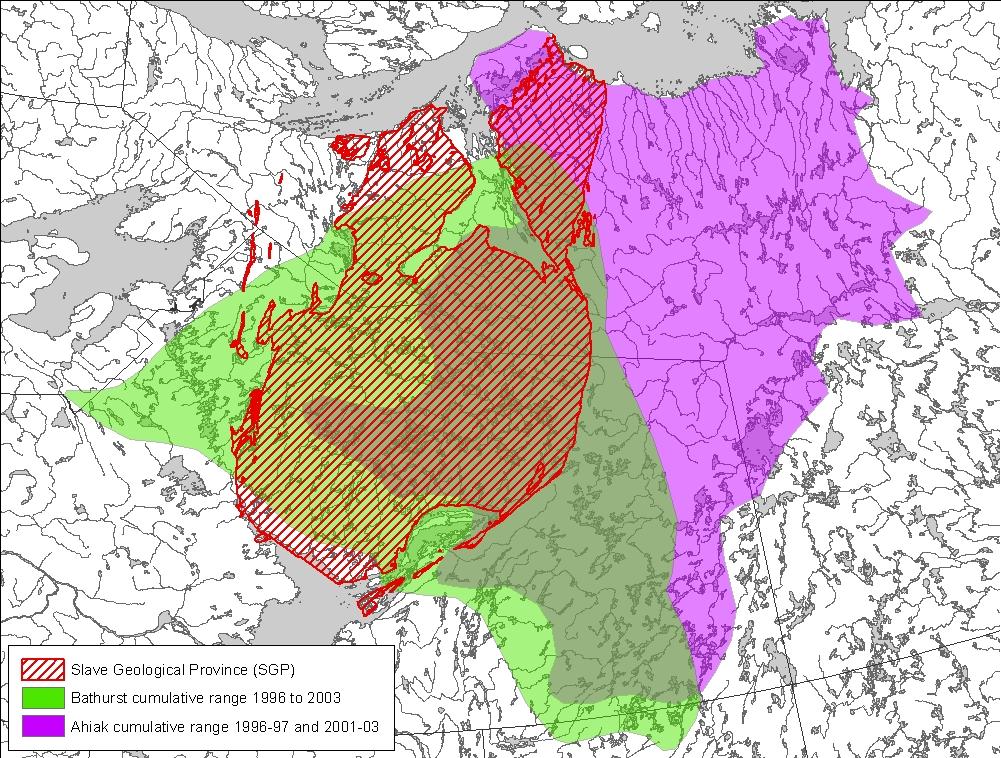 5 Figure 1. Bathurst and Ahiak barren-ground caribou herds cumulative use ranges from satellite collars in relation to Slave Geological Province.