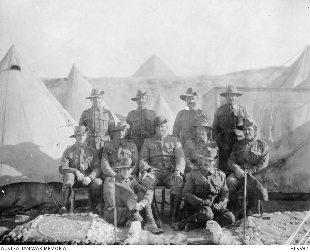 Pompey Elliott with fellow 7 Battalion soldiers from Charlton, Victoria, photographed at Mena, 1915.