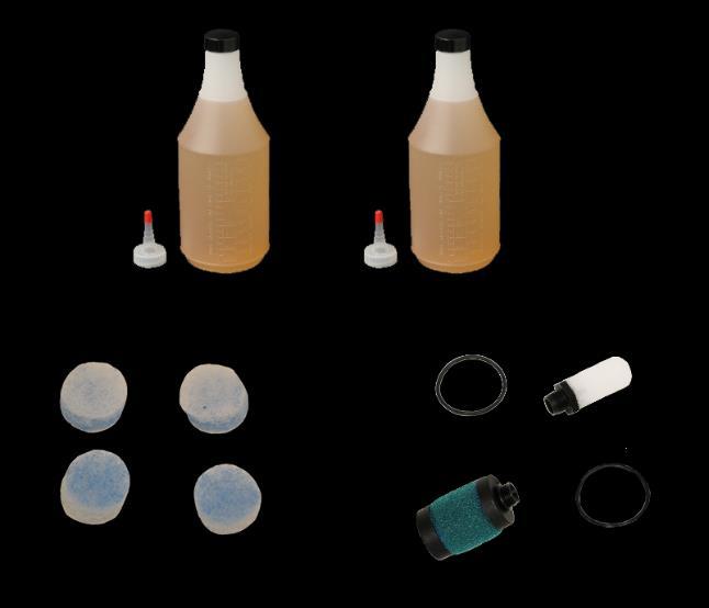 The Yearly Maintenance Kit without pump includes: Two bottles 24oz bottles of Silent-Surge compressor oil, four replacement air filter elements, and compressor