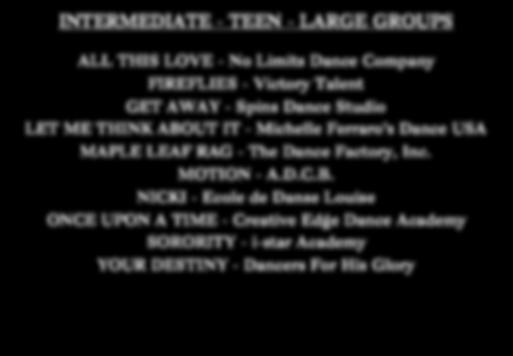 INTERMEDIATE - TEEN - LARGE GROUPS ALL THIS LOVE - No Limits Dance Company FIREFLIES - Victory Talent GET AWAY - Spins Dance Studio LET ME THINK ABOUT IT - Michelle Ferraro s Dance USA MAPLE LEAF RAG