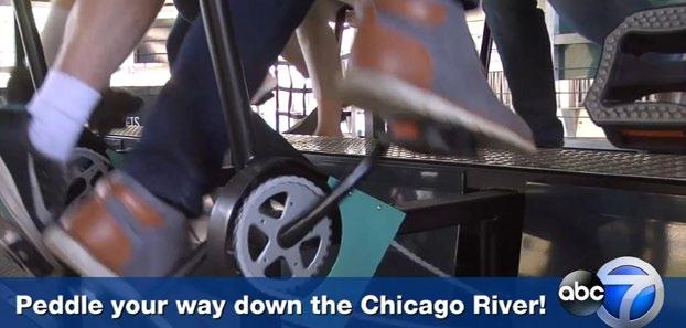 Cycleboats Offers New Way to See Chicago River Passengers sit on bicycle seats and continuously bike, in turn driving a large paddle wheel