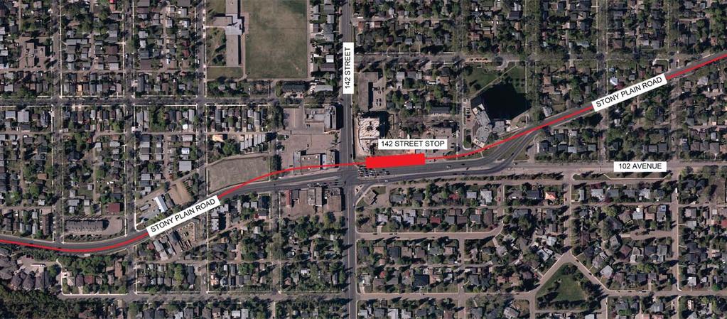 Design update Stony Plain Road / 142 Street (no change recommended) Current design descrip on Under the 2013 preliminary design, the LRT track follows a median alignment down Stony Plain Road and