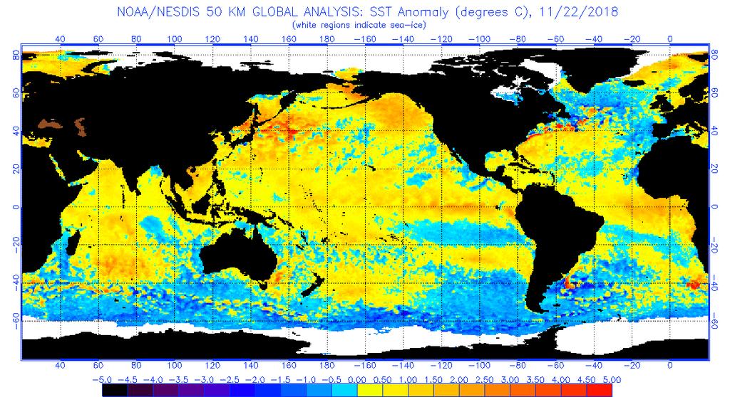 SST Anomalies in Regions of Discussion November 22, 2018 El Nino warming extends from the Dateline to the coast of Peru. Anomalies are approaching levels associated with a moderate El Nino event.