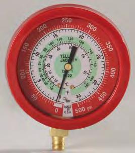 Large 3-1/2" (90 mm) diameter gauge with refrigerants color-coded on the dials in bold numbers. Offset stem fi ts all major manifold brands.