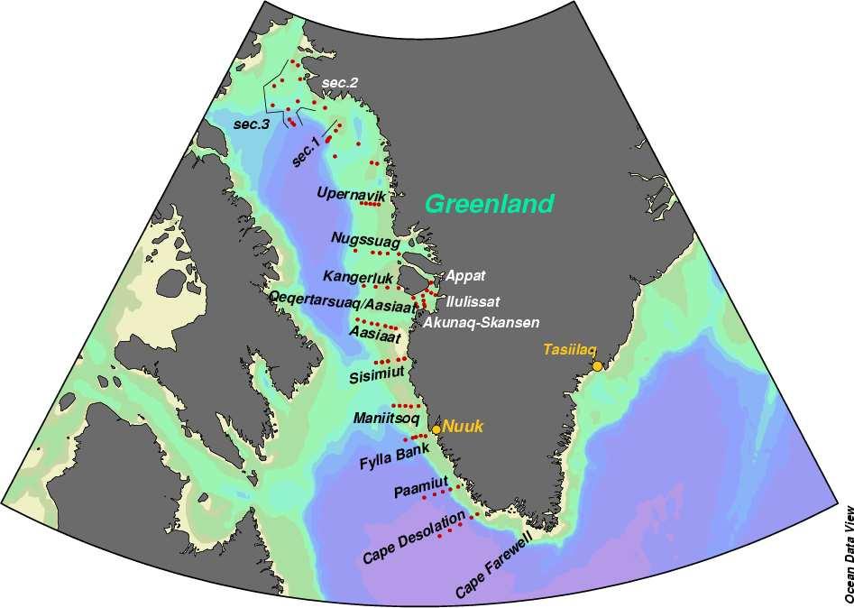 Figure 8. Position of the oceanographic sections off West Greenland where measurements were preformed in 2004.