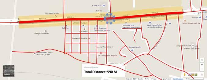 5. Turning radii: 12 m (Durga Nursery Road) 6. Vehicular accesses in and around the junction 7. Right of Way (ROW) widths a. Surajpole road: 25 m b. Durga Nursery Road: 18 m c. Road to Tekri: 7.5 m d.