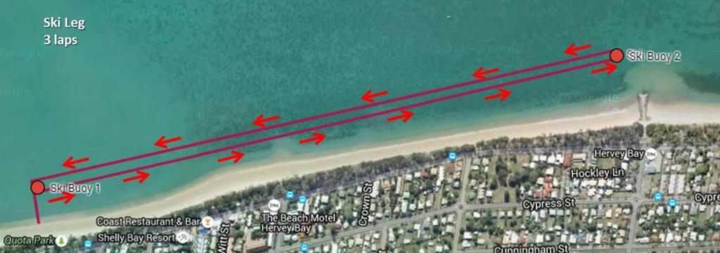 SKI PADDLE LEG 9KM (Cut off time T+100min) TYPE 2 PFDs are MANDATORY The Ski Paddle leg consists of 3x3km loops from Hervey Bay Beach, to Pier buoy then back.
