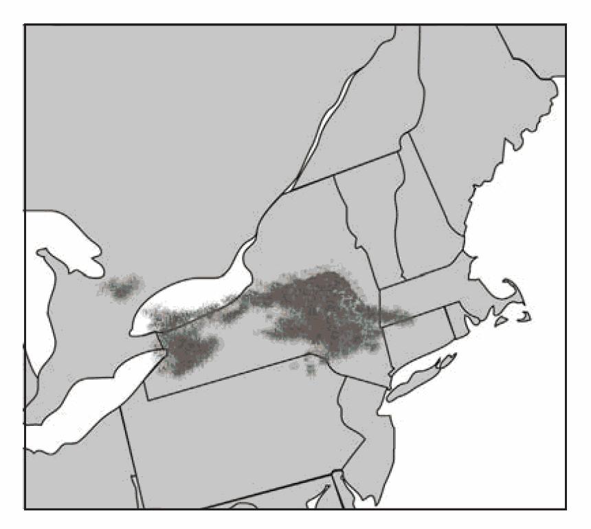 66. On the map below, dark-gray areas represent regions of lake-effect snow on a December day.