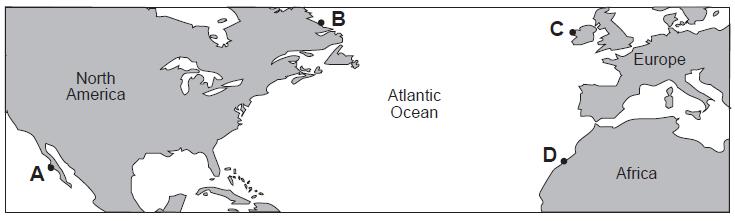 70. The map below shows four coastal locations labeled A, B, C, and D.