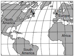 78. Base your answer to the following question on the map below, which shows locations A and B on Earth's surface at the same distance from the ocean, at the same elevation above sea level, and at