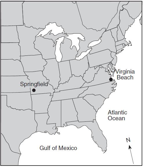 81. The map below shows the locations of Virginia Beach, Virginia, and Springfield, Missouri.