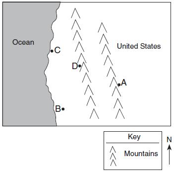 158. The map below shows the location of four cities, A, B, C, and D, in the western United States where prevailing winds are from the southwest. 159.