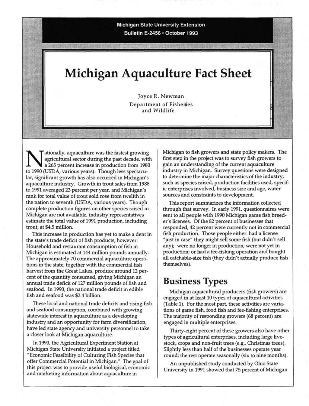 Michigan State University Extension Bulletin E-2456 October 1993 Michigan Aquaculture Fact Sheet Joyce R.