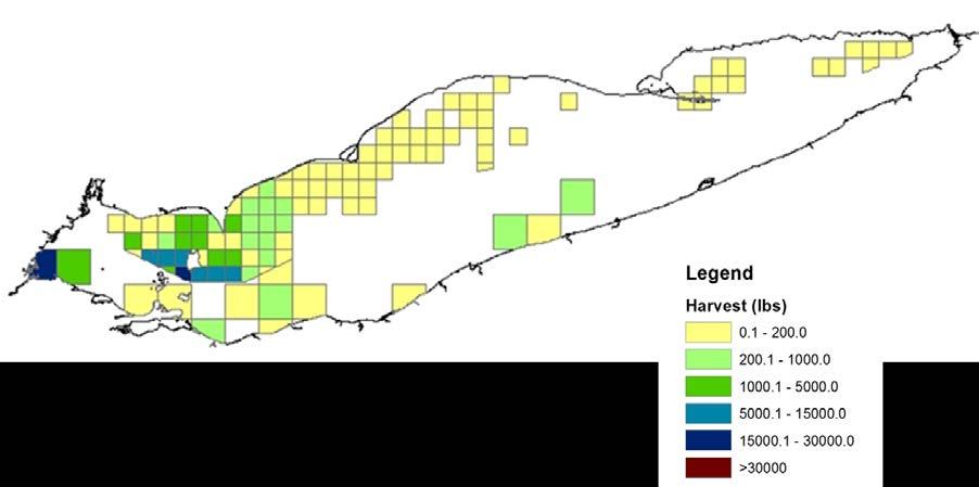 Coldwater Task Group Report 2015 Charge 2 FIGURE 2.2. Lake Erie commercial harvest of Lake Whitefish in 2014 by 5-minute (Ontario) and 10-minute (Ohio) grids.
