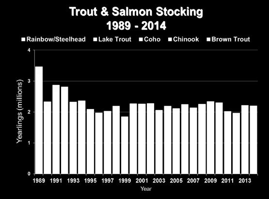 By species, there were 233,578 yearling Lake Trout stocked in all three basins of Lake Erie; 136,479 Brown Trout stocked in New York and Pennsylvania waters, 3,950 domestic Rainbow Trout stocked in