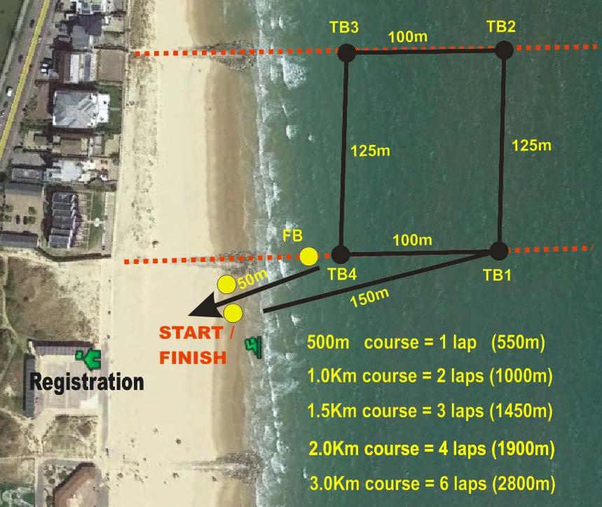 7. The Race Course The course is rectangular in shape and is 500m long, (i.e. 2 x 100m legs and 2 x 125m legs) From the start line the swimmer will swim out to the first turn buoy (150m from the start) being the seaward side of the rectangle course.
