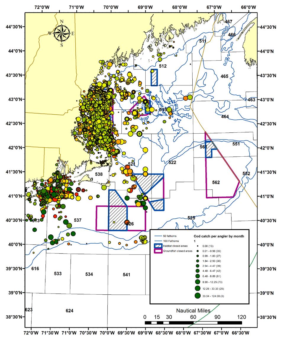 Map 1 Trip location and cod catch per angler as reported on 2008-2012 Vessel Trip Reports.