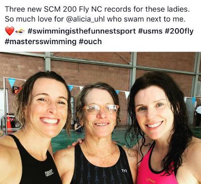 At the 2018 South Carolina SCM Championships, held December 8-10 in Columbia SC, Alicia Uhl and Cheryl Murray and Irish Holland (picture above) set new North Carolina records in the 200-meter