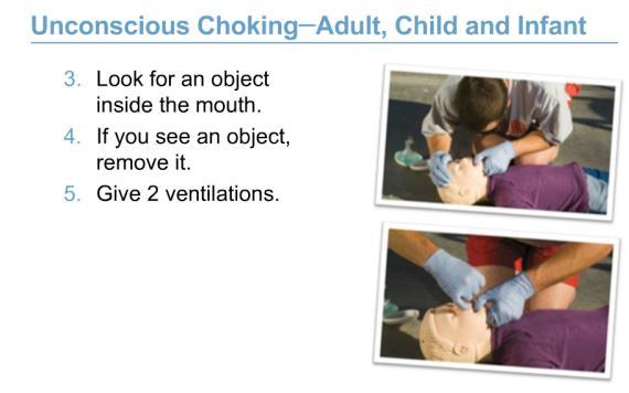 For vomit or heavy mucus, use chest compressions to clear the obstruction Suctioning and use of airway adjuncts may help clear the airway, but require additional