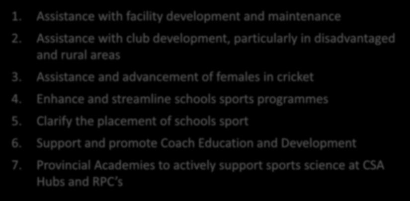 Assistance and advancement of females in cricket 4. Enhance and streamline schools sports programmes 5.