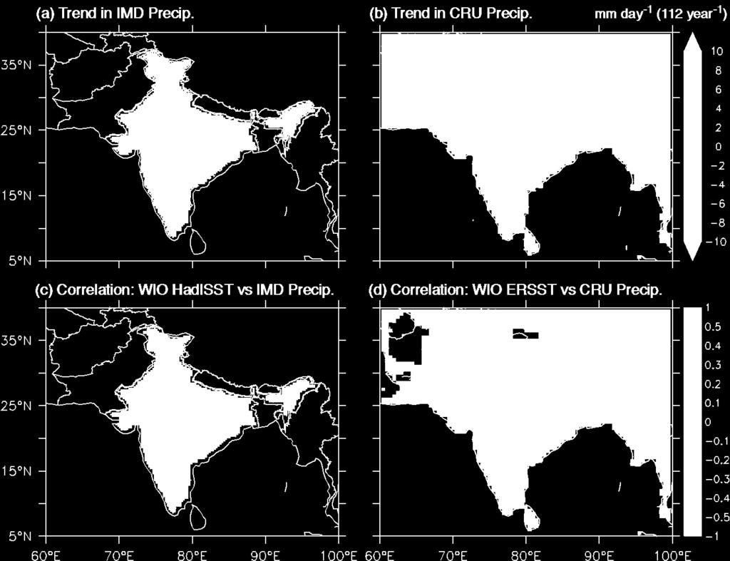 Warm Indian Ocean, Weak south Asian Monsoon Indian Ocean warming well correlated with weak Precip. (a) & (b) Decreasing trend in precipitation from Pakistan through central India to Bangladesh.