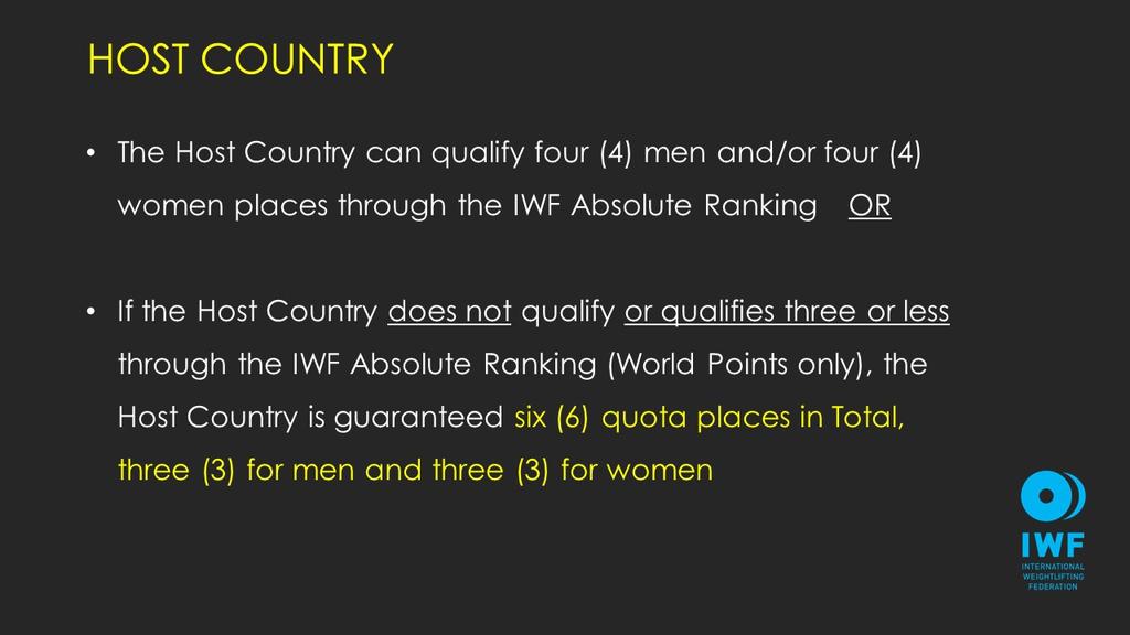 Slide 15 As outlined in slide 5, the Host County can either gain quota places through the IWF Absolute Ranking (World Points only) or Host Country Method.