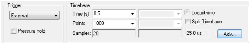 On the Signal panel of the Pro-Data main window select Absorbance from the drop down list. Ensure that AutoHV is ticked: 2. Select kinetics mode, set timebase and points.
