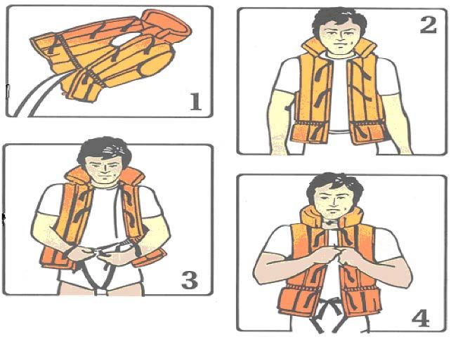 Unfasten all live vest straps and open it. Pass the arms through the arm holes and fit it to the body.