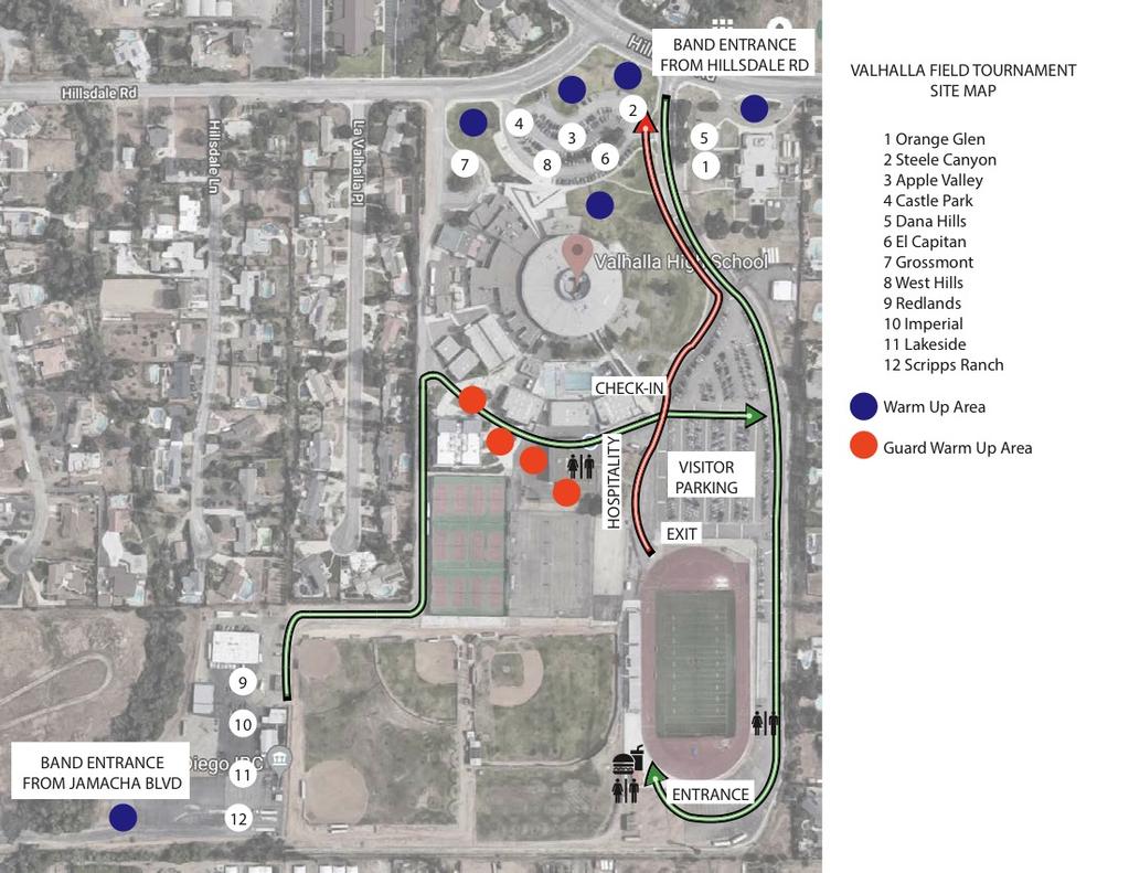 PARKING All buses, trailers, and parent support vehicles will park in the designated lots/areas (see map). Again, important note ***IMPORTANT*** NOTE: 1A-3A Bands use the Hillsdale Rd.