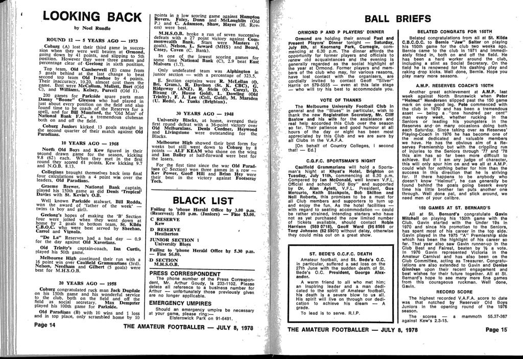 ' L KING BACK by Noel Rundl e ROUND 12-5 YEARS AGO - 1973 Cob g sioy when (the ywereeweil beaten at Ormond, going down by 41 points, and slipping to 5th position.