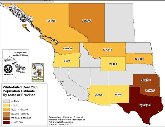 Figure 2. White-tailed deer population estimate by state or province for 2009. The white-tailed deer estimate for OR only included the Columbian subspecies. MT reported the number of deer observed.