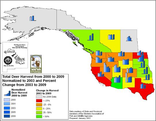 Figure 6. Total deer harvest by state or province for 2009. Combined black-tailed, mule, and white-tailed deer harvest information.