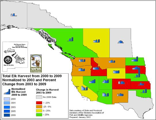 states or provinces (e.g. the 11 increasing states or provinces reported an increase of 10,772 elk harvested, while Colorado reported 21,040 fewer elk harvested). Figure 8.
