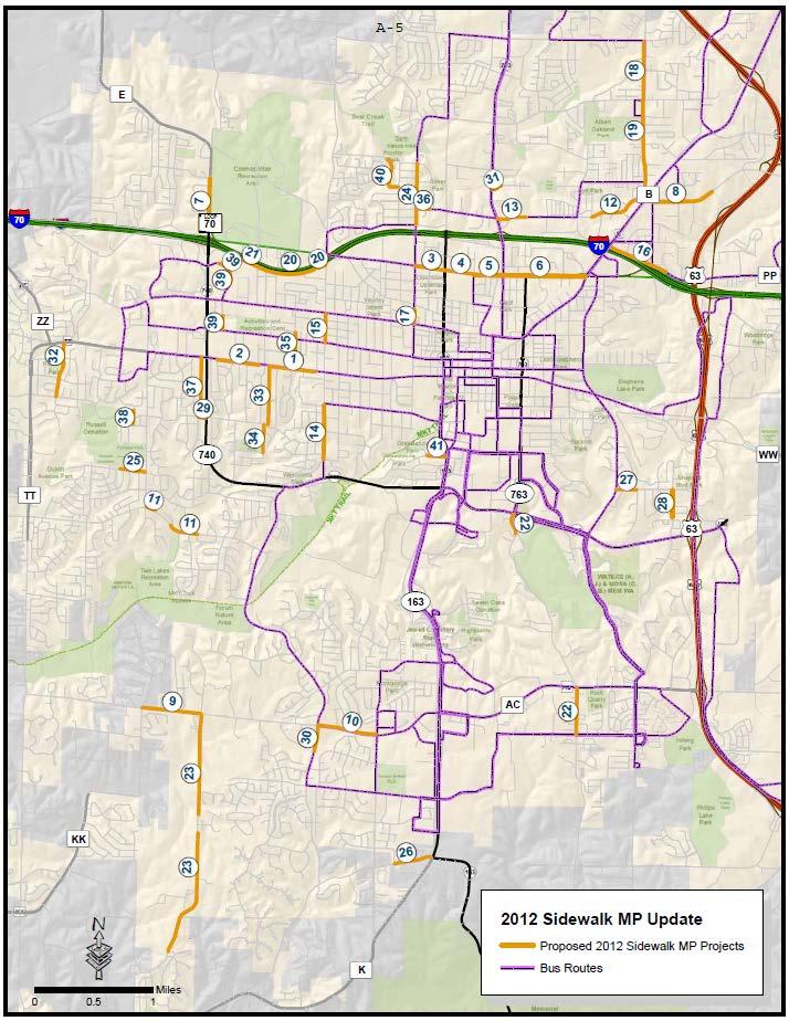 Map 4: Recommended Projects from the 2012 Sidewalk Master Plan Update A Vision Zero Policy for Columbia, 2016 Completed in March of 2016 by the Mayor s Task Force on Pedestrian Safety, the Vision