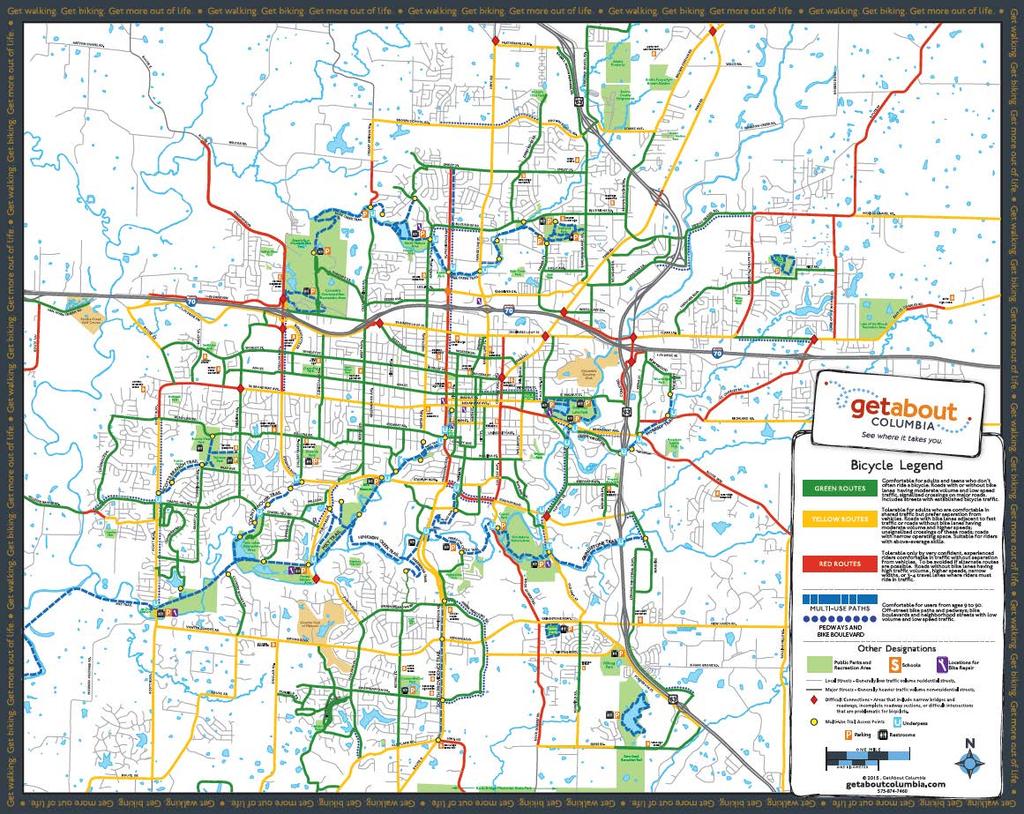 Map 2: 2015 Get About Columbia Bike Map Map 3 below shows the various facility types that comprise the bikeway network, which includes signed bike routes, bike lanes, and shared