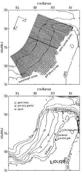 31 Figure 1 West Florida shelf bathymetry and the measurement locations (upper panel) and numerical model domain with coordinate system description as applied herein (lower panel).
