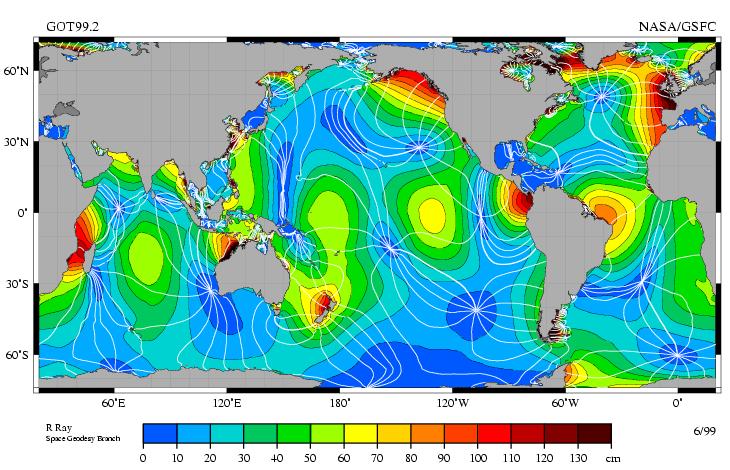 Global Chart of M2 Tide Zero amplitude Phase undetermined About a dozen well-defined amphidromic points associated