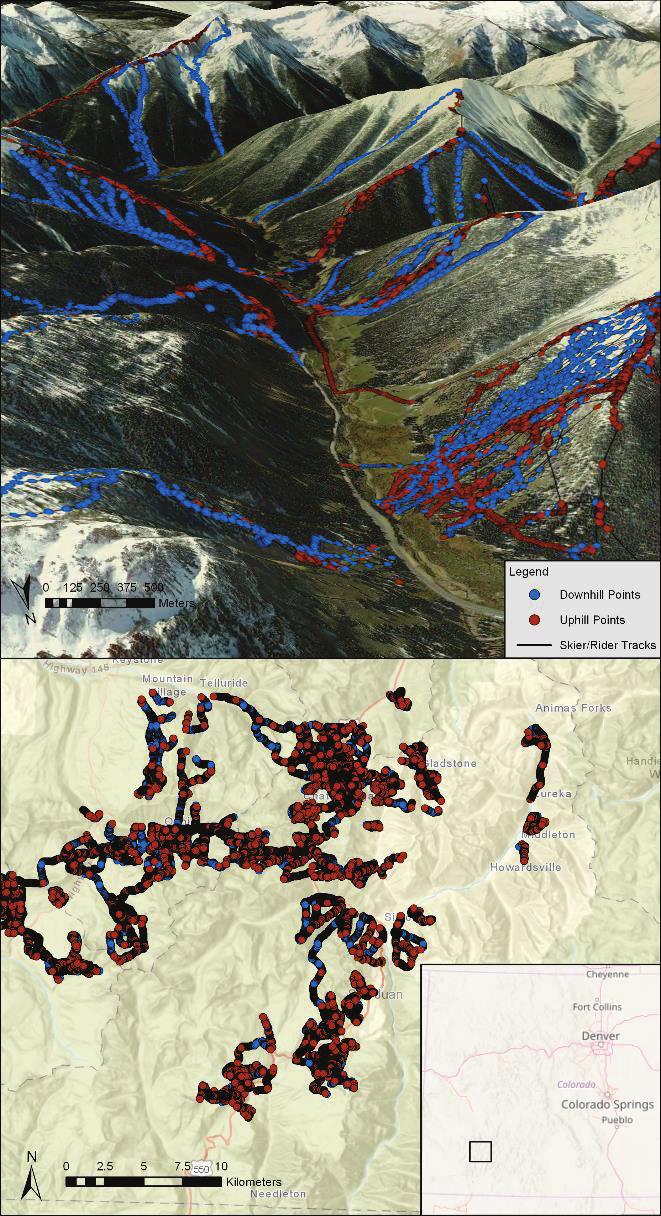 Figure 2: Backcountry skier/rider data from San Juan range in southwest Colorado, USA segmented by downhill (blue points) and uphill (orange points) portions of trip.