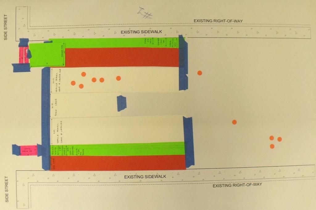 Cross Section #1: 11 votes - One-way bike lane on North side of street for Westbound bike traffic (no bike lane on opposite side) - Bike lane separated from travel lanes by 4 ft.