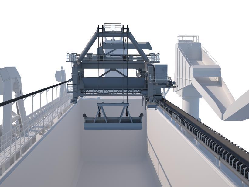 DRY UNLOADING SYSTEM As the cargo is dewatered onboard and the dry unloading system can deliver sand and gravel to shore via its conveyer belt system, the vessel can operate autonomously without
