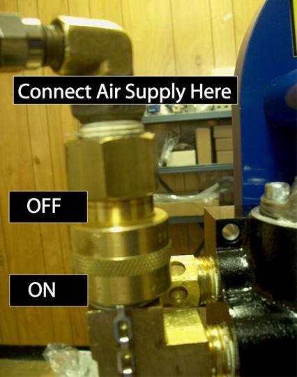 6. Turn on air supply. (See photos 1.10, 1.11) A. Remove the yellow lock out device found on the On- Off Valve. To turn the air on simply move the gold colored sleeve downward until it stops.