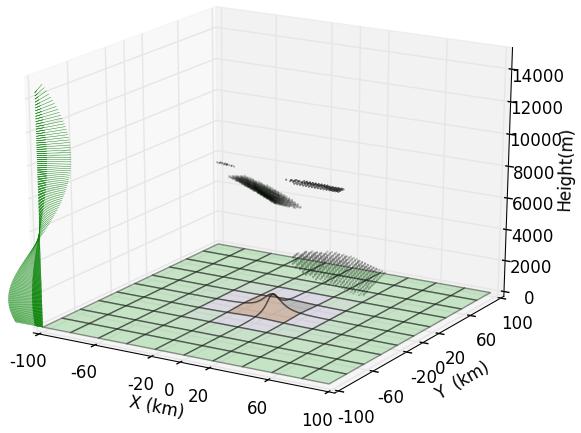 The profile of vectors on the left-hand side of each plot shows the direction of the background wind as a function of height.