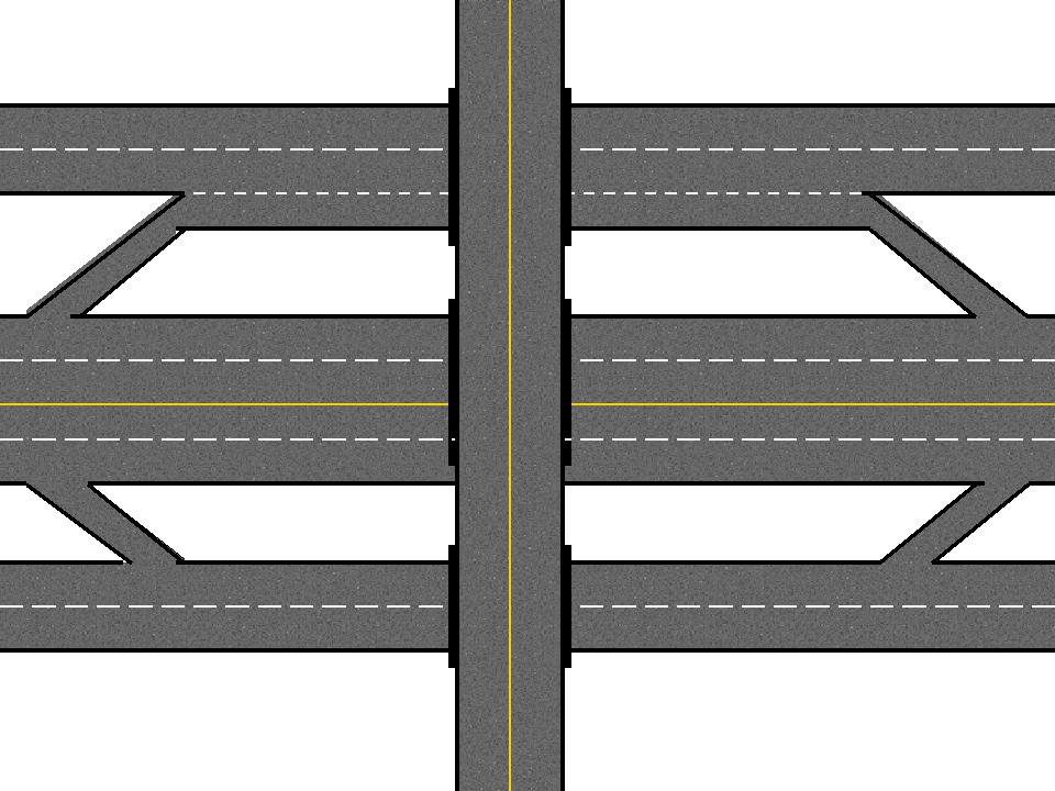 FRONTAGE ROAD INTERCHANGE Allows for interchange of vehicles using parallel secondary twoway or one-way roadways and a major multiple-lane roadway