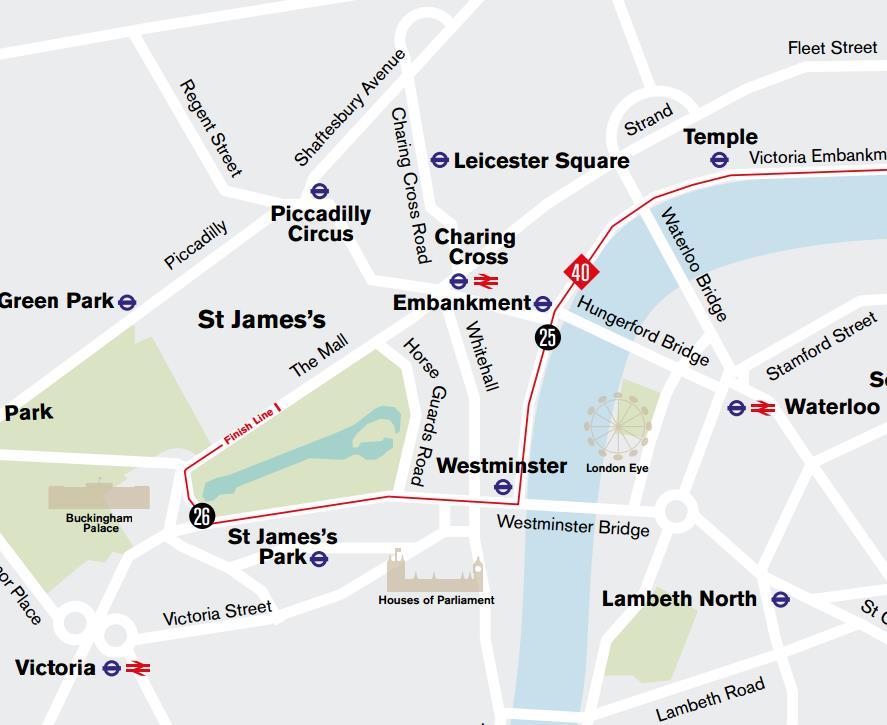 30pm Northumberland Avenue/Victoria Embankment, SW1A 2HR We will be near the mile 25 marker, close to Hungerford Bridge