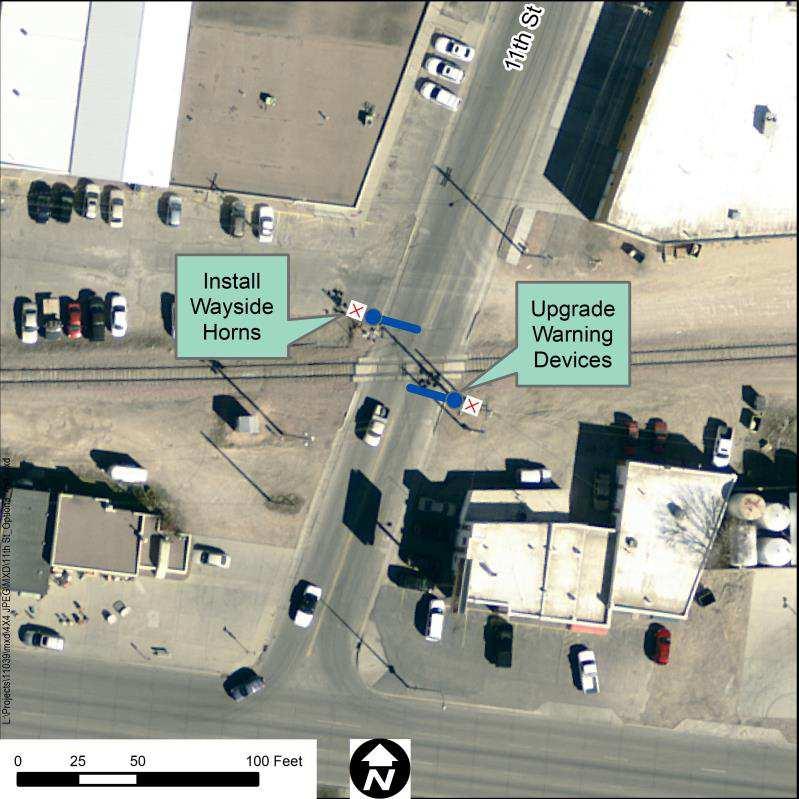 Option 3: Wayside Horns Risk Reduction: Signal Costs: Roadway Costs: n/a $280,000 $14,256 $294,256 (+$5,000 Ann. Maint.) Notes: Wayside horns were discussed as an option at this crossing.