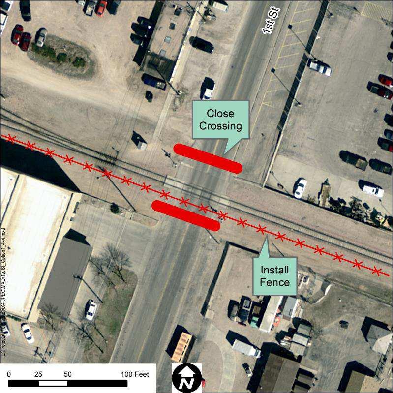 1 st Street (190264S) Option 1: Closure Option 2: ASM Medians (North Only) Risk Reduction: Signal Costs: Roadway Costs: Notes: This option fully closes the crossing.