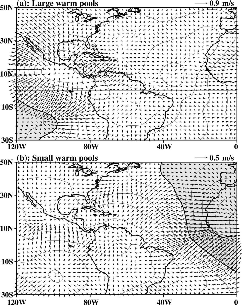 15 JUNE 2006 W A N G E T A L. 3021 FIG. 9. Composites of the 200-mb velocity potential and divergent wind anomalies during ASO for (a) large and (b) small Atlantic warm pools. 0.43.