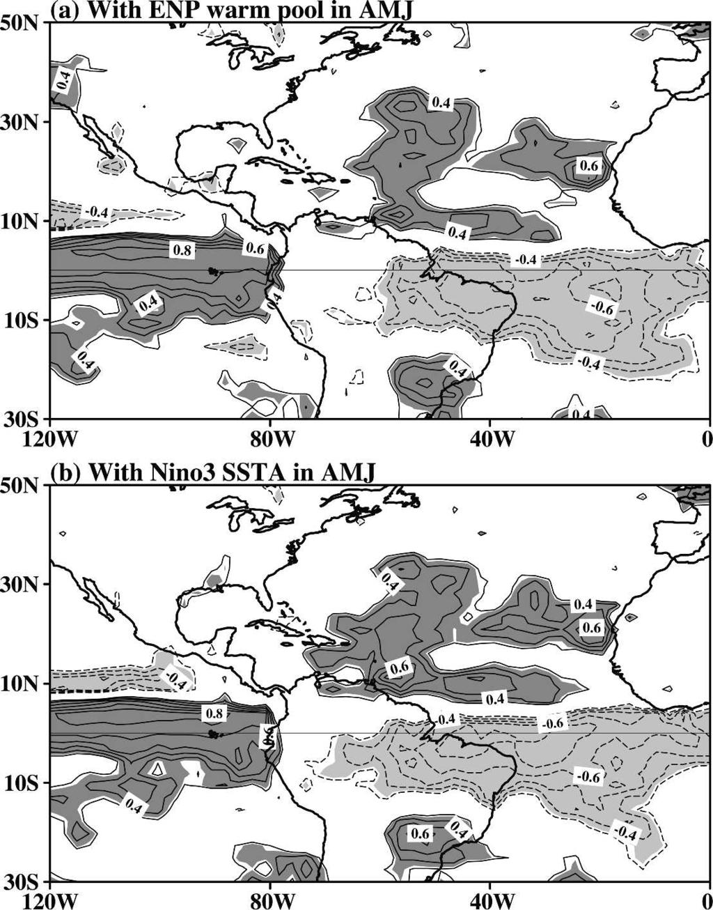 This correlation pattern is very similar to that of the AMJ rainfall anomalies with the AMJ Niño-3 SST anomalies, as shown in Fig. 5b.